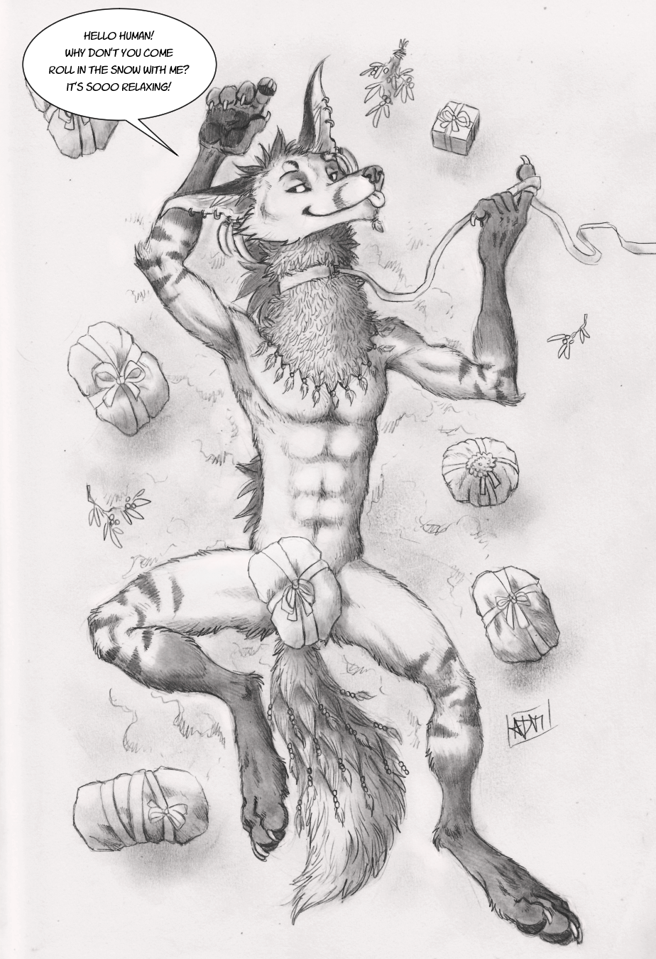 0laffson abs anthro blep canid canine christmas claws dialogue ear_piercing fur hi_res holidays lof_(0laffson) looking_aside lying male mammal maned_wolf monochrome narrowed_eyes neck_tuft nude on_back outside piercing snow solo speech_bubble talking_to_another tongue tongue_out traditional_media_(artwork) tuft