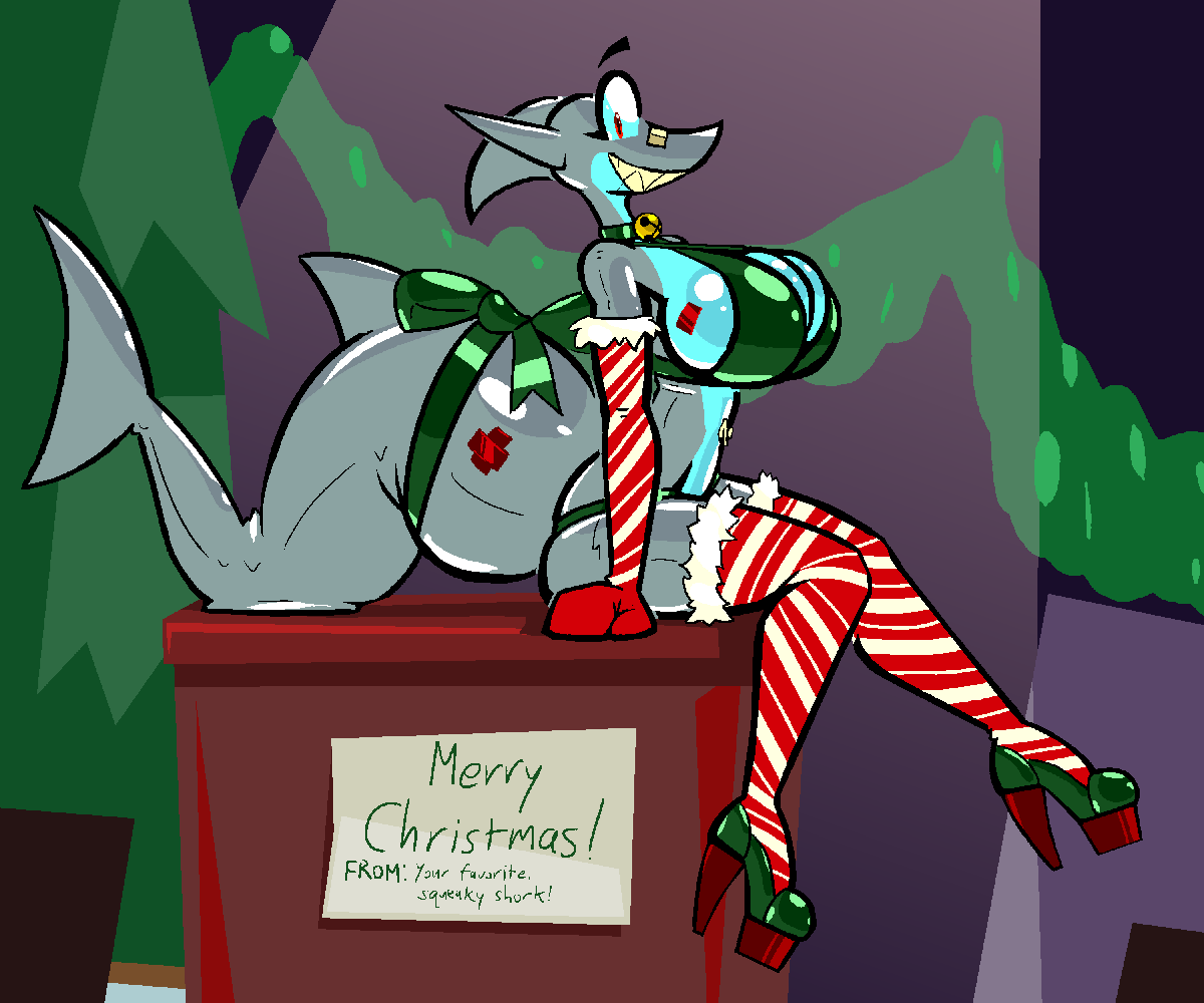 6:5 animate_inanimate anthro aygee bell bell_collar big_breasts bikini bow_ribbon breasts christmas clothing collar female fish footwear high_heels holidays holly_(aygee) huge_breasts huge_tail inflatable legwear living_inflatable looking_at_viewer marine merry_christmas shark sharp_teeth solo swimwear tape teeth thick_tail thigh_highs