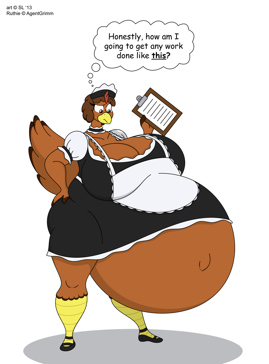 &copy; 2013 anthro avian beak belly big_belly big_breasts bird breasts brown_body brown_eyes brown_feathers brown_hair chicken clipboard clothing digital_media_(artwork) english_text feathers female footwear galliform gallus_(genus) hair hand_on_butt hi_res huge_breasts hyper hyper_belly hyper_pregnancy maid_uniform navel non-mammal_breasts outie_navel paper phasianid pregnant rhode_island_red ruthie_(grimmagent) satsumalord shoes solo symbol text thick_thighs thought_bubble uniform