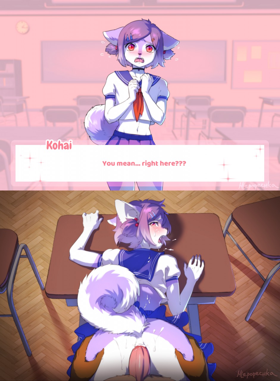 anal anal_penetration anthro anthro_on_anthro anthro_penetrated anthro_penetrating anthro_penetrating_anthro anthro_penetrating_male anus bodily_fluids bottomwear canid canine canis choker classroom clothing cum cum_on_body cum_on_face curled_tail desk dialogue doki_doki_literature_club! domestic_dog duo english_text fur furniture genital_fluids genitals girly hair helloggi hi_res husky jewelry looking_back male male/male male_penetrated male_penetrating male_penetrating_male mammal midriff navel necklace nordic_sled_dog orange_body orange_fur penetration penile penile_penetration penis penis_in_ass purple_hair red_eyes school school_uniform sex skirt spitz standing standing_sex table text text_box uniform