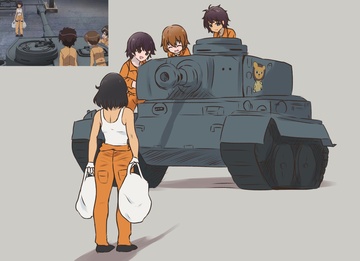 4girls armorganger bag bangs black_hair brown_hair girls_und_panzer gloves grey_background ground_vehicle hoshino_(girls_und_panzer) military military_vehicle motor_vehicle multiple_girls nakajima_(girls_und_panzer) plastic_bag scene_reference short_hair simple_background suzuki_(girls_und_panzer) tank tank_man tank_top tiananmen_square tiger_(p) tsuchiya_(girls_und_panzer) white_gloves