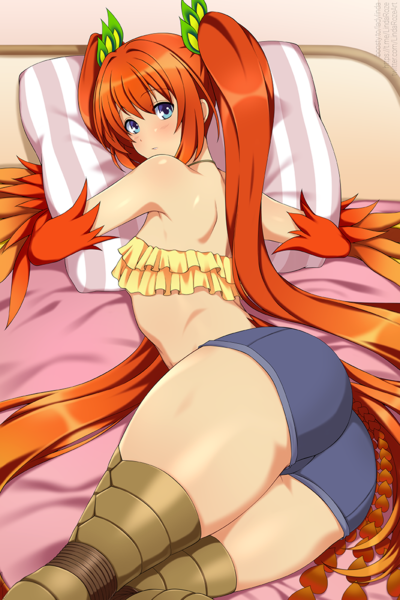 avian bottomwear butt clothing european_mythology female greek_mythology harpy hi_res lindaroze_(artist) looking_at_viewer looking_back looking_back_at_viewer mythological_avian mythology pigtails pillow shorts solo