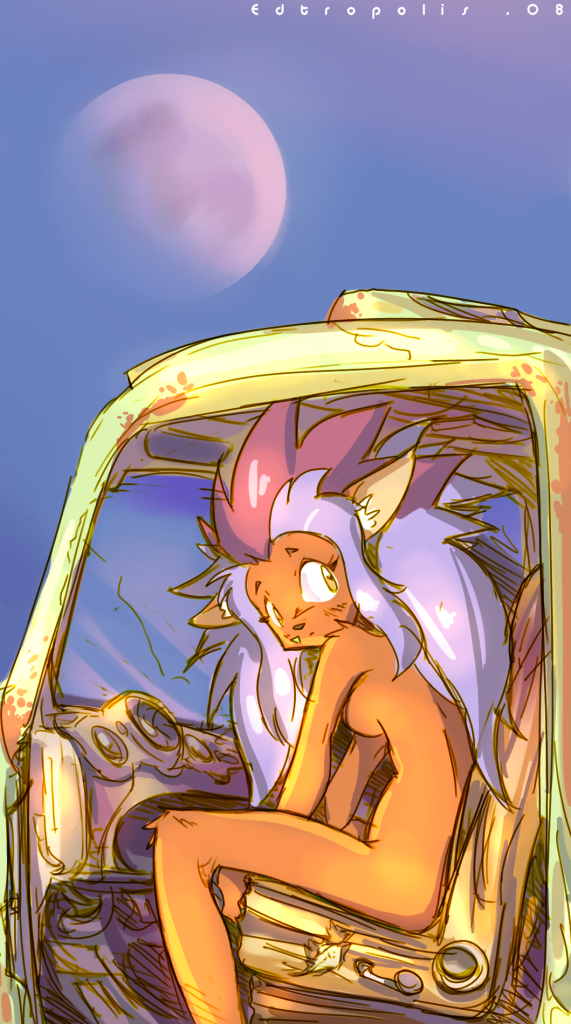 2008 anthro breasts cabbit_(tenchi_muyo) edtropolis female fur hair head_turned in_vehicle looking_back moon nude outside ryo-ohki side_boob side_view signature sitting solo tenchi_muyo vehicle wide_eyed