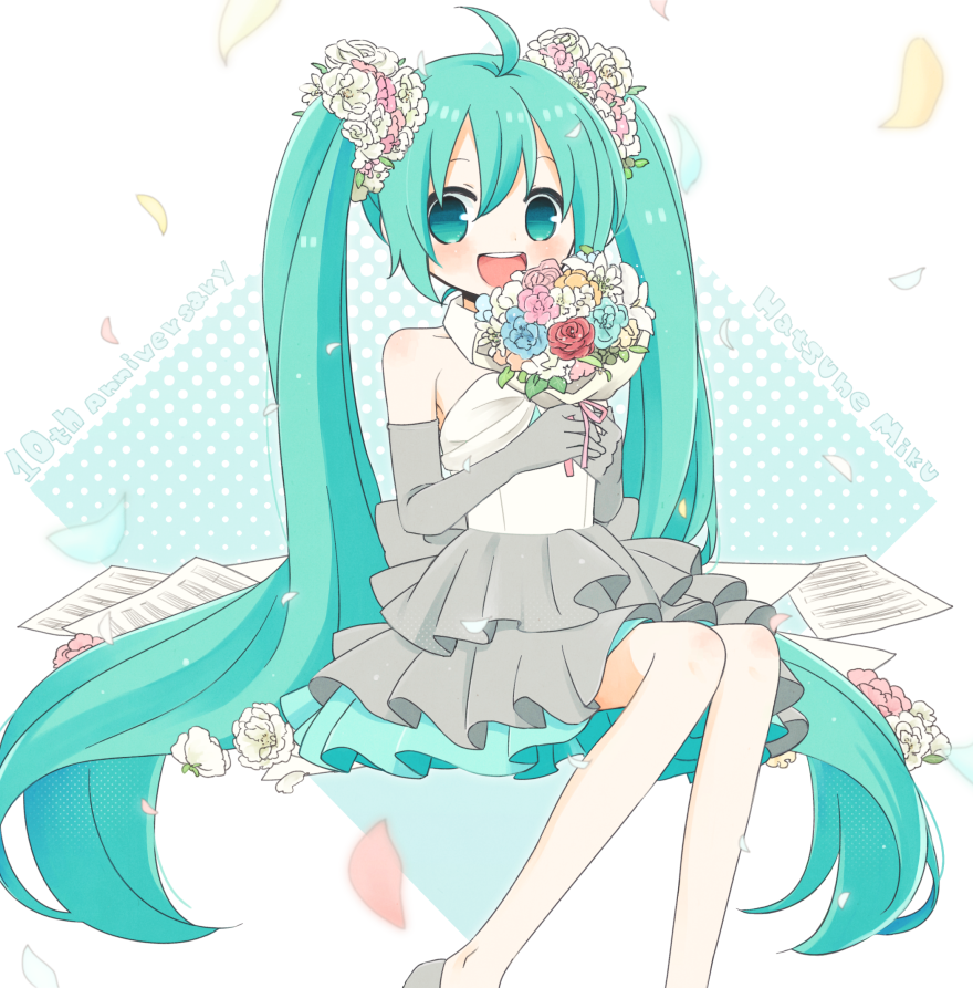 1girl :d anniversary aqua_dress aqua_eyes aqua_flower aqua_hair aqua_rose bare_shoulders blue_flower blue_rose bouquet carnation character_name collarbone detached_collar dress elbow_gloves flower gloves grey_dress grey_gloves hair_flower hair_ornament halftone halftone_background hatsune_miku holding holding_bouquet knees_together_feet_apart layered_dress leaf light_blue_background long_hair long_legs looking_at_viewer multicolored_clothes multicolored_dress najo open_mouth petals pink_carnation pink_flower pleated_dress red_flower red_rose rose sheet_music simple_background skinny smile solo strapless strapless_dress tareme teeth twintails two-tone_background upper_teeth_only very_long_hair vocaloid white_background white_carnation white_dress white_flower yellow_flower