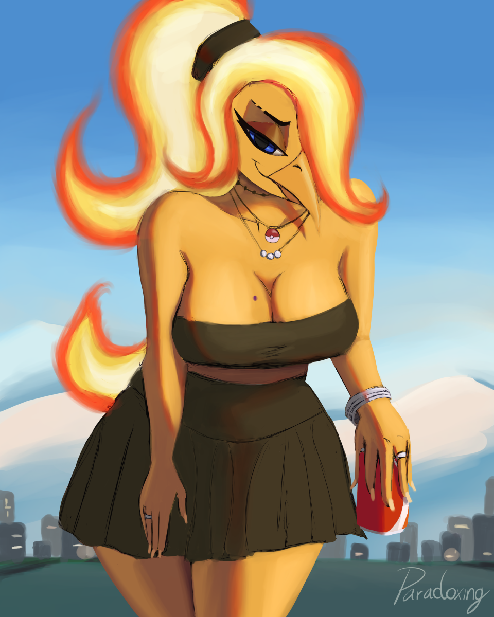 anthro avian beverage_can big_breasts bracelet breasts building city clothing collar dress female generation_1_pokemon hair hi_res jewelry legendary_pokemon looking_at_viewer markings mole_(marking) moltres nintendo paradoxing pokemon pokemon_(species) ring solo tied_hair
