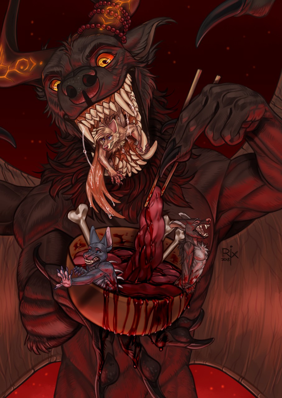 2018 anthro artist_logo back_spikes big_fangs black_claws blood blood_on_hand blue_eyes bodily_fluids bowl brown_body brown_fur brown_wings canid cheek_tuft chopsticks claws container dated drooling eyes_closed facial_tuft finger_claws forked_tongue front_view fur gore grey_body grey_fur group guts hard_vore hi_res holding_bowl holding_container holding_object horn horn_markings in_mouth logo looking_at_viewer male mammal markings membrane_(anatomy) membranous_wings micro multi_teeth muscular muscular_anthro muscular_male neck_tuft nude oral_vore orange_eyes organs red_sclera riorix saliva saliva_on_tongue saliva_string side_view simple_background spikes spikes_(anatomy) standing teeth three-quarter_view tongue tongue_out tuft unwilling_prey vein vore wings