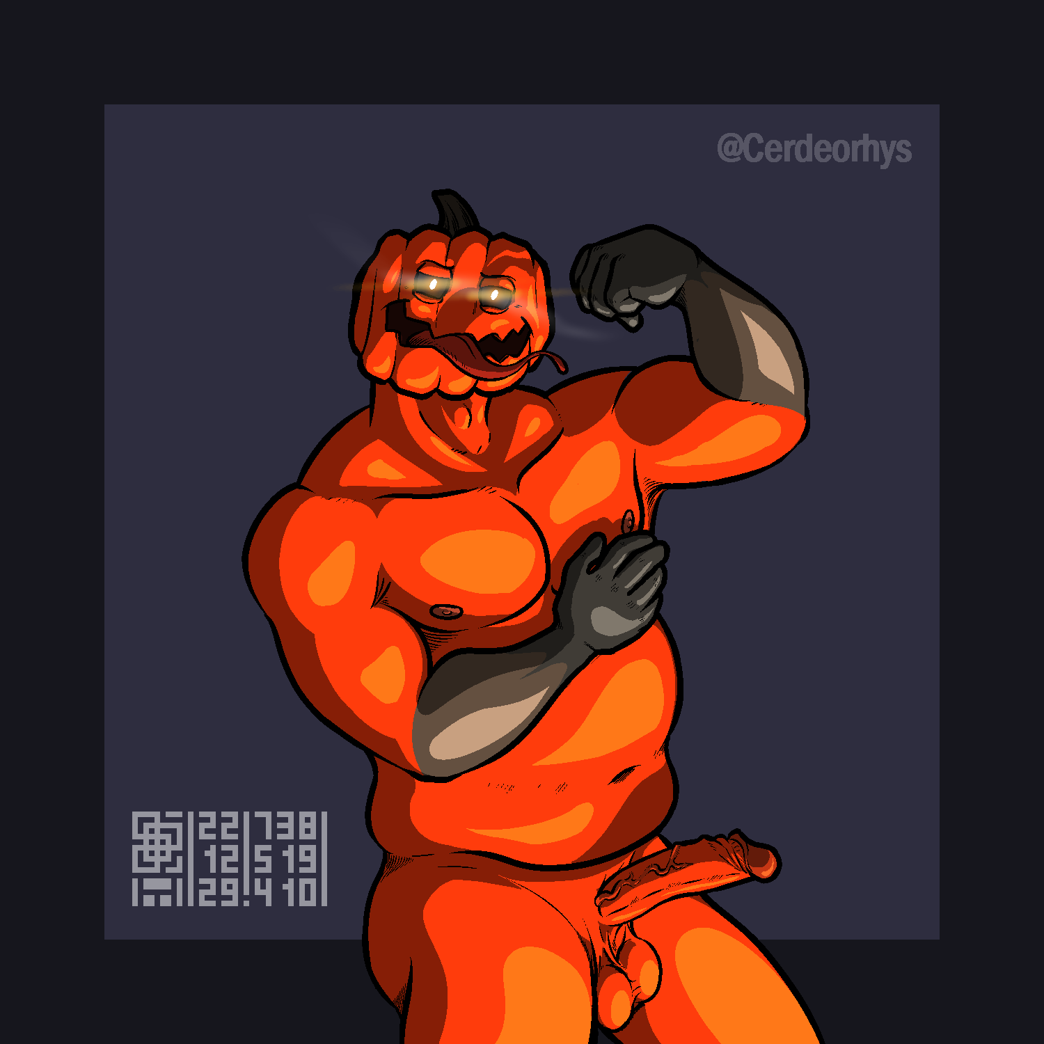 anthro bright_eyes cerdeorhys erection food fruit hi_res humanoid jack-o'-lantern male musclegut orange_body orange_skin plant pose presenting pumpkin pumpkin_head shadow simple_background slightly_chubby smile solo tongue tongue_out touching_chest