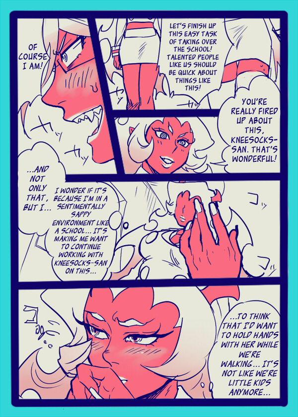 2010 blush bodily_fluids bottomwear clothing comic demon demon_humanoid english_text female female/female hard_translated horn horned_humanoid humanoid incest_(lore) kneesocks_daemon not_furry panty_and_stocking_with_garterbelt red_body red_skin scanty_daemon sharp_teeth sibling sister sisters skirt sweat sweatdrop teeth text translated yumiya-h