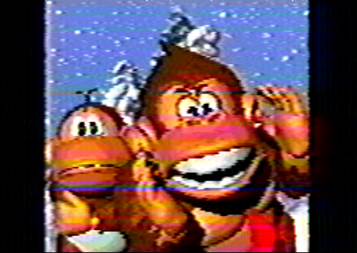 ape black_eyes brown_body brown_fur donkey_kong_(character) donkey_kong_(series) donkey_kong_jr. father father_and_child father_and_son fur haplorhine male mammal nintendo on_model open_mouth parent parent_and_child plant primate snow son tree vhs_artifacts vhs_filter yinyanggio