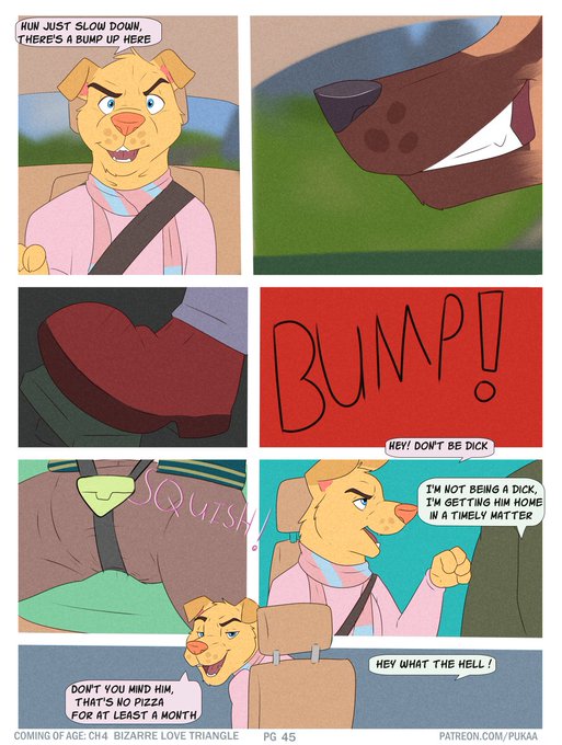 anthro bird_dog canid canine canis car clothing comic dialogue diaper diaper_under_clothing domestic_dog english_text feces fox golden_retriever group hunting_dog male mammal messy_diaper onomatopoeia pukaa retriever sitting soiled_diaper soiling sound_effects text vehicle