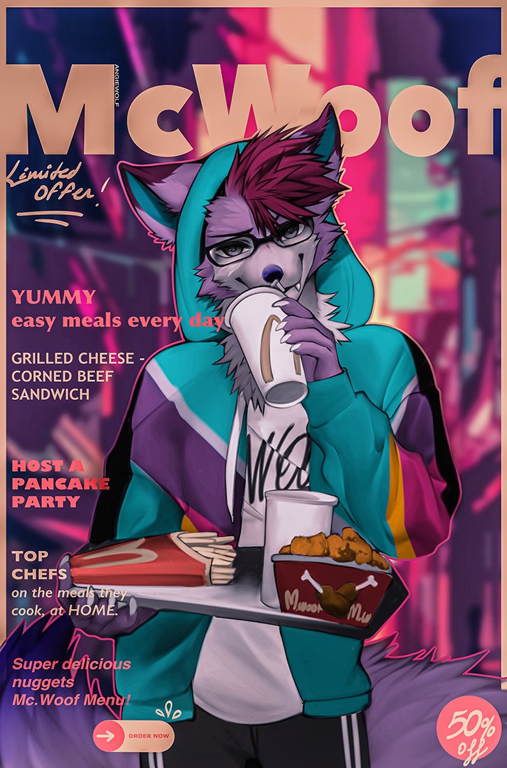 2022 angiewolf anthro beverage canid canine chicken_meat clothed clothing cover english_text food food_tray holding_beverage holding_object hood_up hoodie magazine_cover male mammal mcdonald's meat solo square_glasses standing text topwear track_pants
