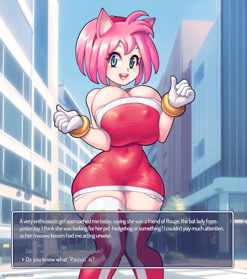 2022 accessory alternate_species amy_rose animal_humanoid big_breasts breasts city city_background cleavage cleavage_overflow clothed clothing dress english_text eulipotyphlan eulipotyphlan_humanoid female gloves hair handwear headband hedgehog_humanoid huge_breasts humanoid humanoidized legwear looking_at_viewer mammal mammal_humanoid nipple_outline nipples open_mouth outside pink_hair red_clothing red_dress red_headband red_legwear red_thigh_highs ring sega solo sonic_the_hedgehog_(series) standing supersatanson teal_eyes text thigh_highs tight_clothing white_clothing white_gloves white_handwear
