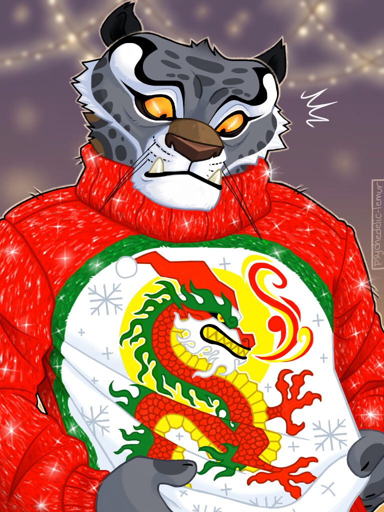 2022 3:4 4_fingers anthro asian_mythology biped brown_nose christmas christmas_clothing christmas_sweater christmas_topwear clothed clothing digital_drawing_(artwork) digital_media_(artwork) dragon dreamworks east_asian_mythology eastern_dragon felid fingers fur grey_body grey_fur holidays kung_fu_panda looking_down male mammal mythology pantherine psychedelic-lemur signature snow_leopard solo sweater tai_lung_(kung_fu_panda) topwear underbite whiskers yellow_sclera