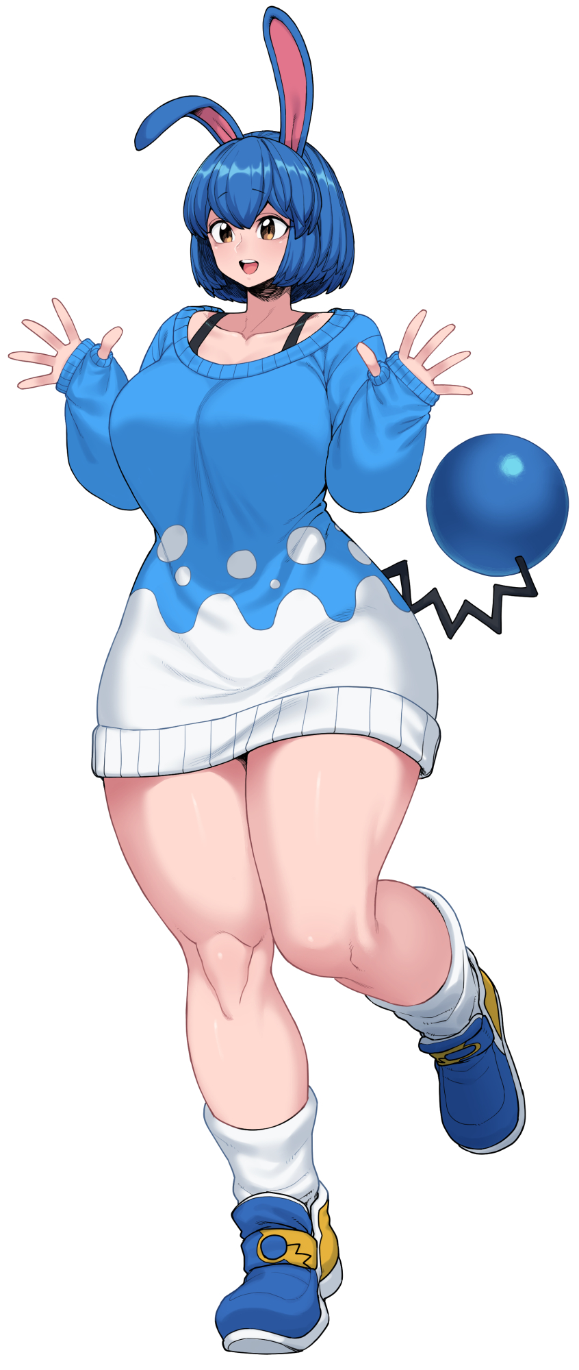 :d alternate_species azumarill big_breasts blue_hair bra_strap breasts brown_eyes clothed clothing curvy_figure female footwear generation_2_pokemon hair hi_res humanoid humanoidized long_sleeves medium_hair nintendo open_mouth pokemon pokemon_(species) shoes smile socks solo space_zin sweater tail_orb teeth thick_thighs tongue topwear wide_hips