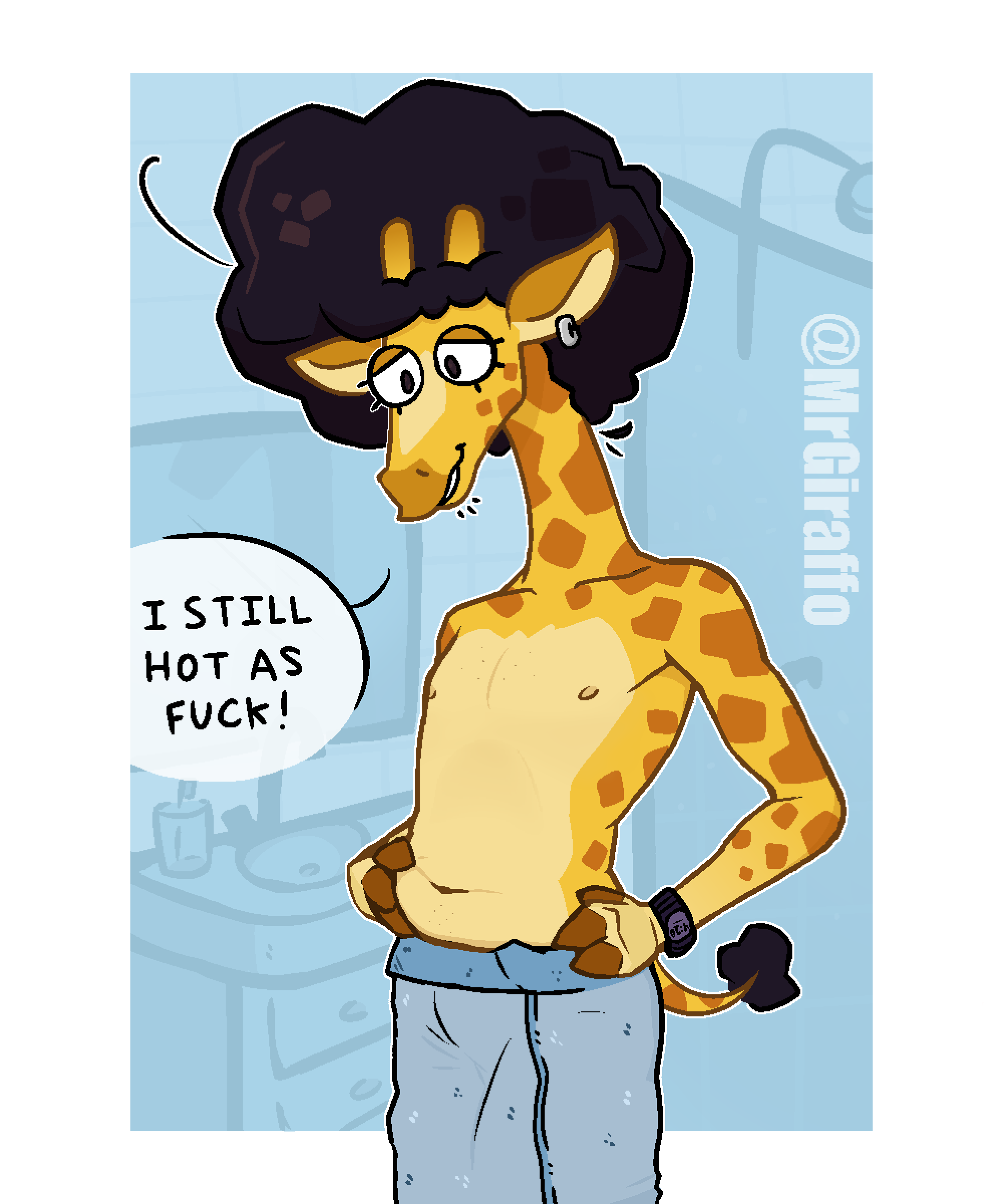 absurd_res afro anthro bathroom clock detailed_background dialogue fingers floppy_ears giraffe giraffid giraffo_(mrgiraffo) hand_on_stomach hi_res hooved_fingers hooves horn looking_down male mammal mrgiraffo nipples ossicone piercing solo spots spotted_body tail tail_tuft towel towel_only tuft watch wristwatch