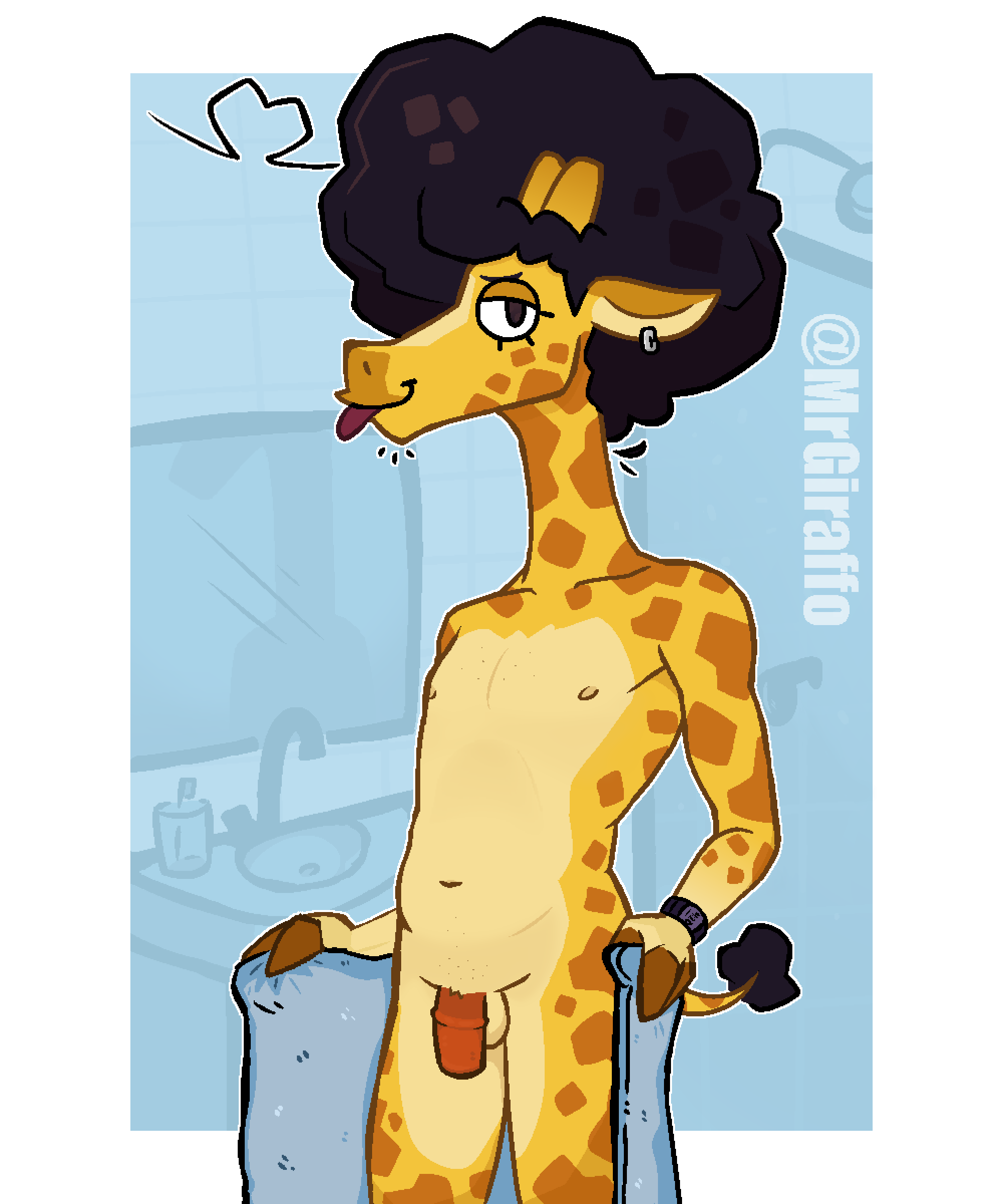 absurd_res afro anthro bathroom bedroom_eyes clock detailed_background fingers flaccid floppy_ears genitals giraffe giraffid giraffo_(mrgiraffo) hi_res hooved_fingers hooves horn looking_at_viewer male mammal mrgiraffo narrowed_eyes nipples ossicone penis piercing presenting purple_tongue seductive small_penis solo spots spotted_body tail tail_tuft teasing tongue tongue_out towel towel_only tuft watch wristwatch