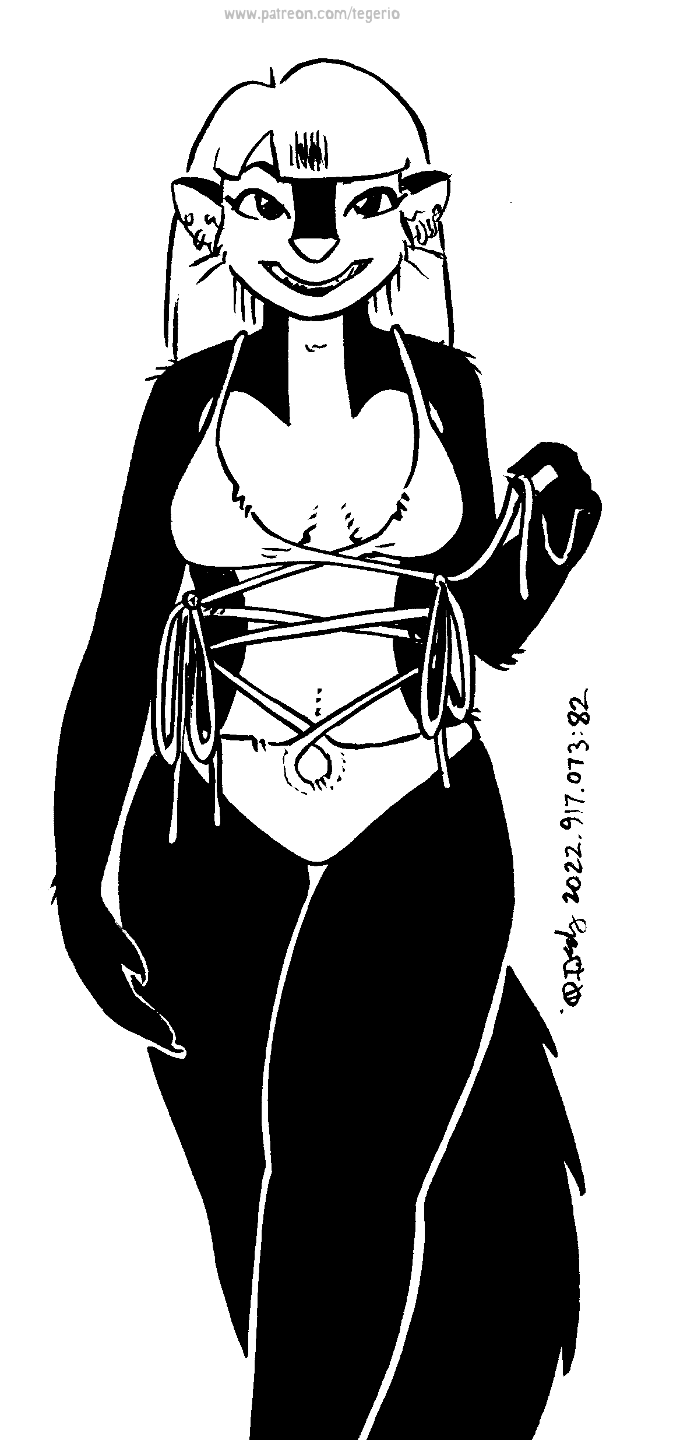 2022 anthro bikini black_and_white breasts clothed clothing ear_piercing ear_ring female fur hair hi_res kelly_o'dor looking_at_viewer mammal mephitid monochrome navel piercing ring_piercing skunk solo swimwear tegerio whiskers