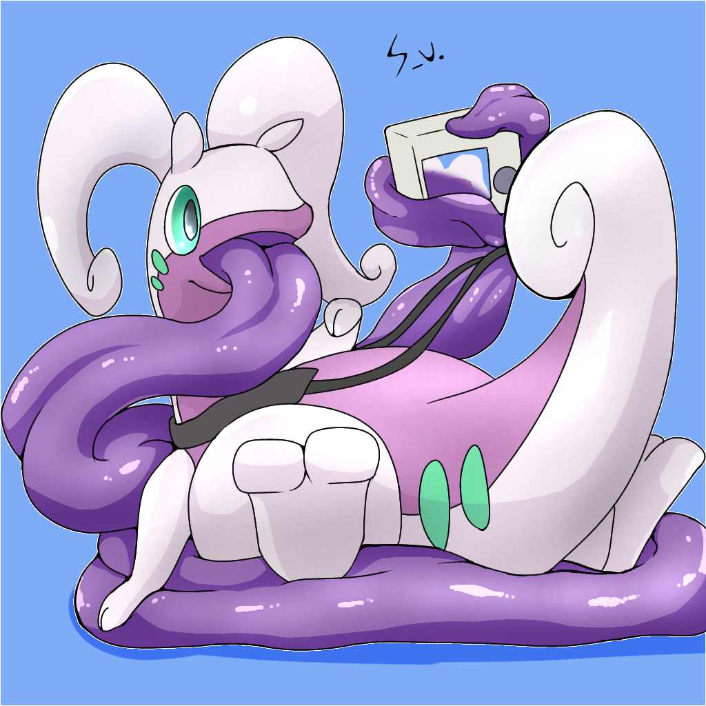 1:1 feral generation_6_pokemon goodra hyper hyper_tongue long_tongue lying_on_tongue nintendo pokemon pokemon_(species) purple_tongue selfie sevi_blaze solo thick_tongue tongue