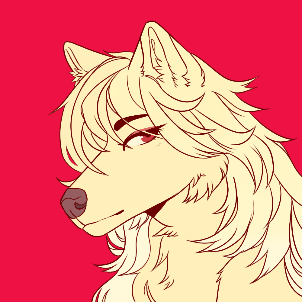 1:1 anthro blonde_hair canid canine canis eyebrow_through_hair eyebrows female fluffy fur hair headshot_portrait long_hair looking_at_viewer mammal portrait red_background red_eyes runelocks simple_background solo translucent translucent_hair wolf yellow_body yellow_fur