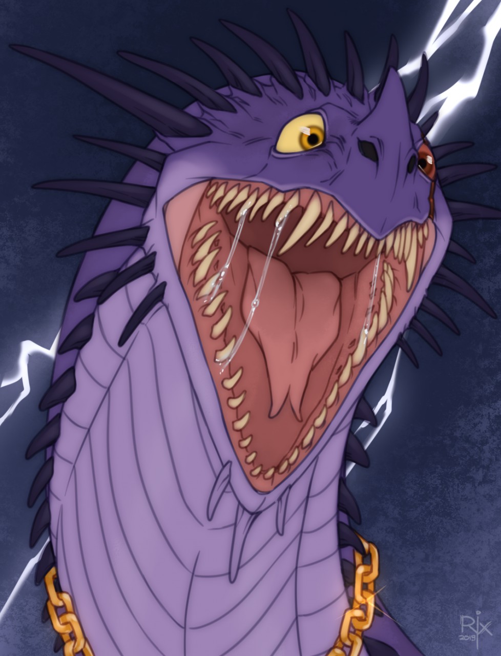2019 ambiguous_gender artist_logo chain cheek_spikes dated facial_spikes fangs feral forked_tongue front_view head_spikes hi_res lightning logo long_neck mouth_shot neck_spikes open_mouth purple_body purple_scales red_body red_eyes red_scales red_tongue riorix scales scalie sharp_teeth simple_background solo spikes spikes_(anatomy) teeth tongue yellow_body yellow_eyes yellow_scales