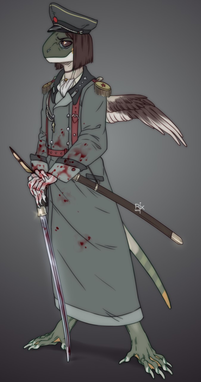 135:256 2019 anthro artist_logo barefoot beady_eyes brown_eyes brown_hair clothing dated feathered_wings feathers feet full-length_portrait green_body green_clothing grey_background hair hi_res holding_object holding_sword holding_weapon logo melee_weapon mouth_closed portrait riorix simple_background solo standing sword three-quarter_view uniform weapon white_body white_wings wings
