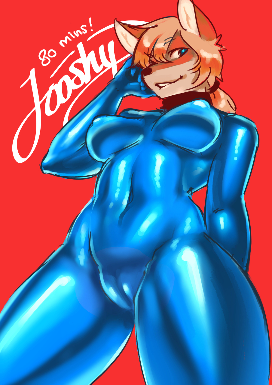 2017 5_fingers anthro black_collar blonde_hair blue_bodysuit blue_eyes blue_latex blue_rubber blue_rubber_suit bodysuit breasts camel_toe canid canine clothing collar english_text female fingers fox fur glistening_rubber hair hi_res janice_brooks jooshy latex latex_clothing mammal medium_breasts nipple_outline orange_body orange_fur red_background rubber rubber_clothing rubber_suit simple_background skinsuit solo standing text thick_thighs tight_clothing