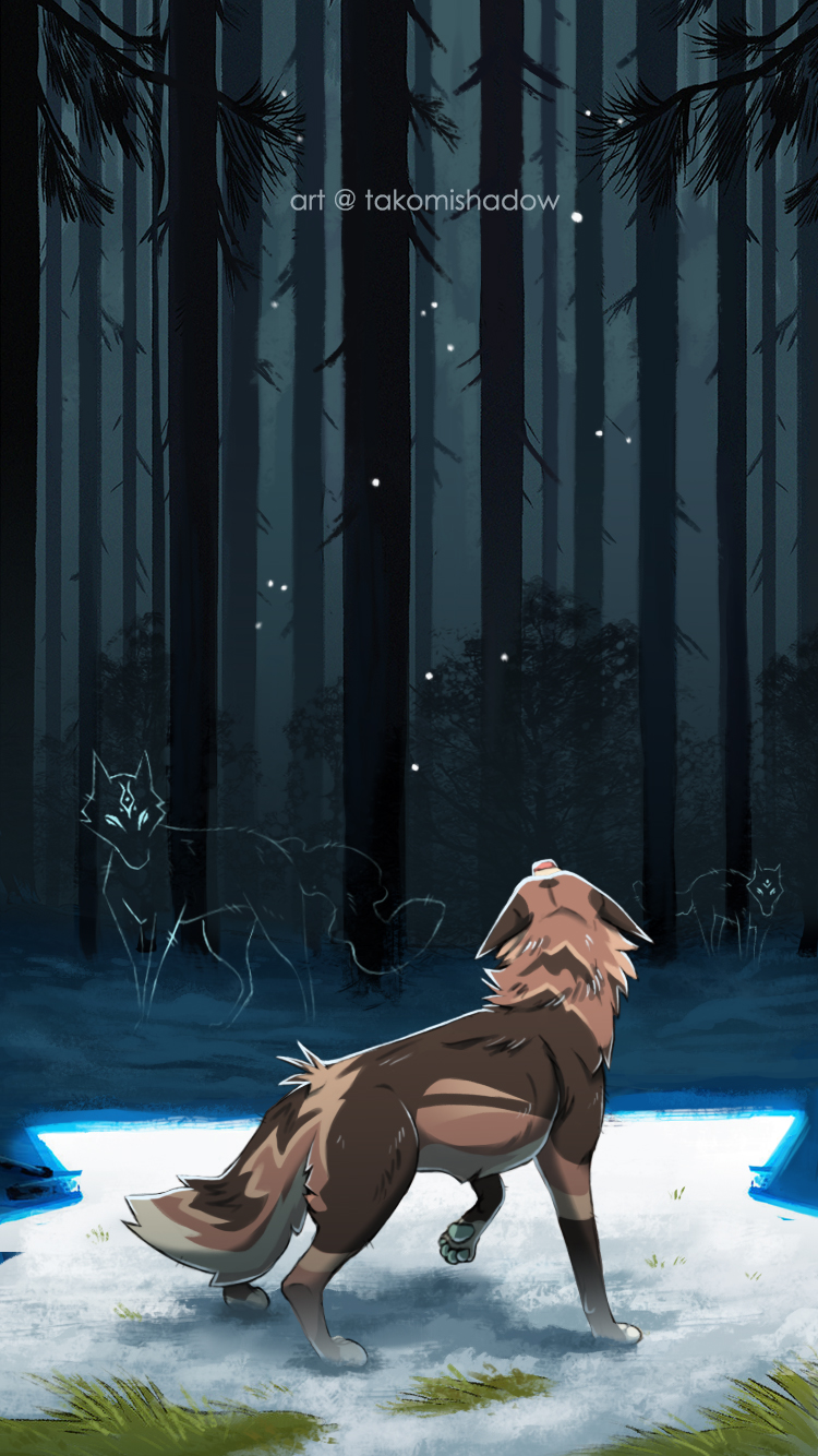 ambiguous_gender canid canine canis coyote dark_forest duo female feral forest forest_background hi_res hybrid illustration mammal misha_(takomishadow) nature nature_background plant scared shadow snow takomishadow tree x0mn!a_(takomishadow)