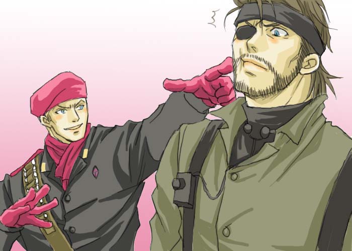 annoyed bandana bandanna big_boss blonde_hair brown_hair hat metal_gear metal_gear_(series) metal_gear_solid pointing revolver_ocelot scarf