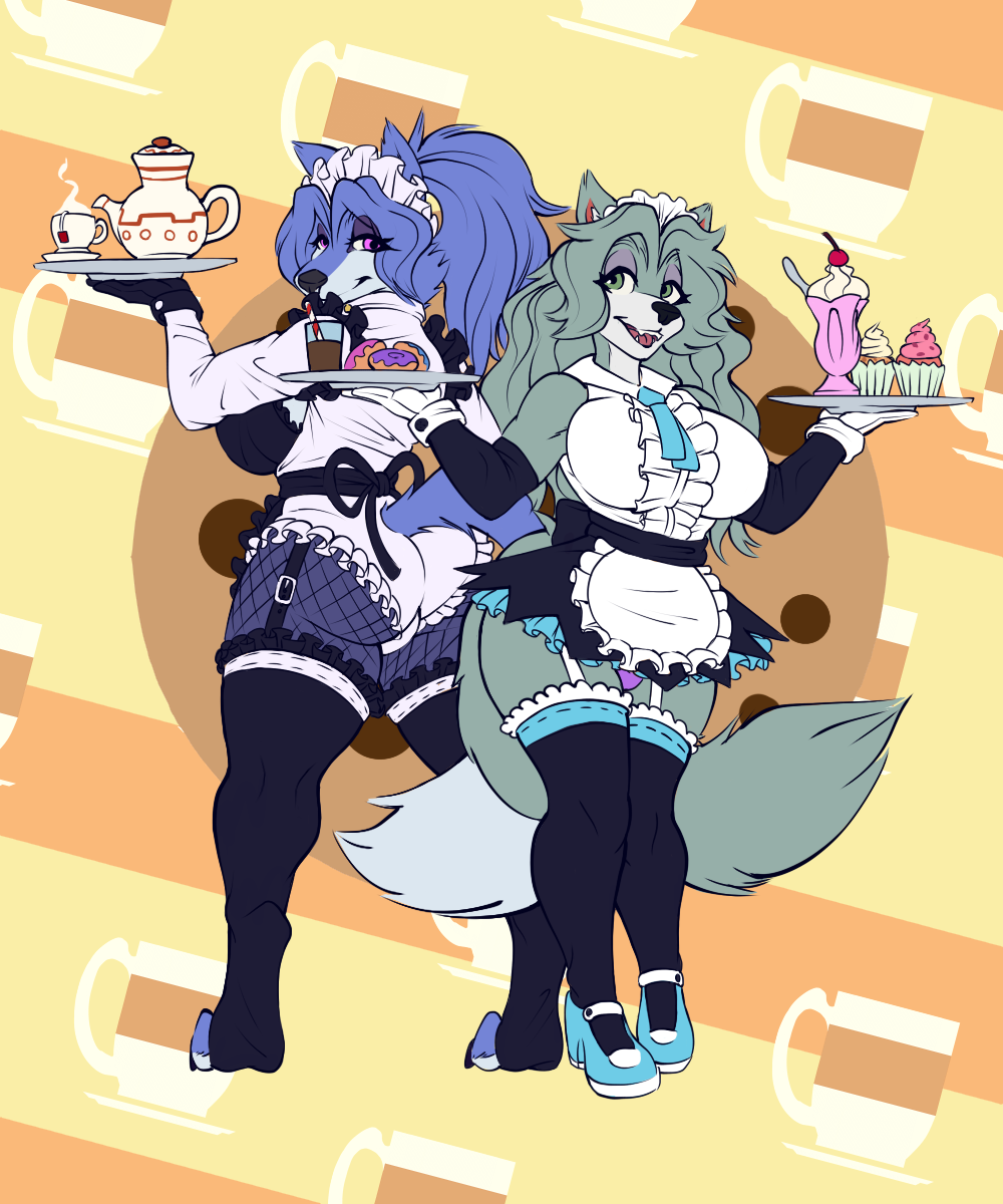 5:6 anthro avi big_breasts big_butt blue_body blue_fur breasts butt cafe canid canine canis clothing curvy_figure duo female fluffy fluffy_tail fur harriet_(harry_amoros) hi_res maid_apron maid_hat maid_uniform mammal moko_(artist) serving smile tail uniform voluptuous white_body white_fur wolf