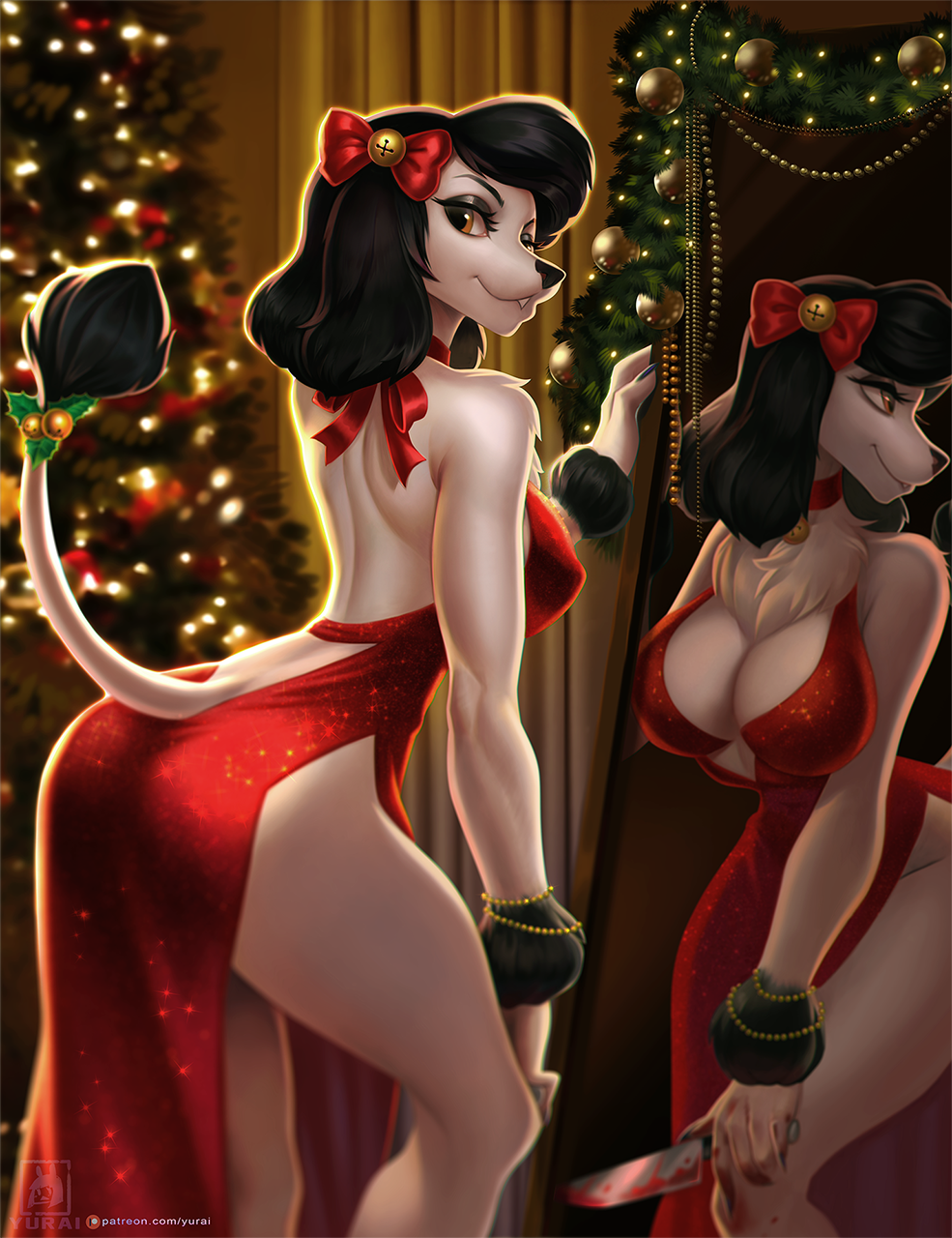 anthro big_breasts blood blood_on_hand bodily_fluids breasts butt canid canine canis christmas christmas_tree clothing domestic_dog dress female hi_res holidays knife mammal mirror plant poodle princess_(nicoya) reflection solo tree weapon yurai