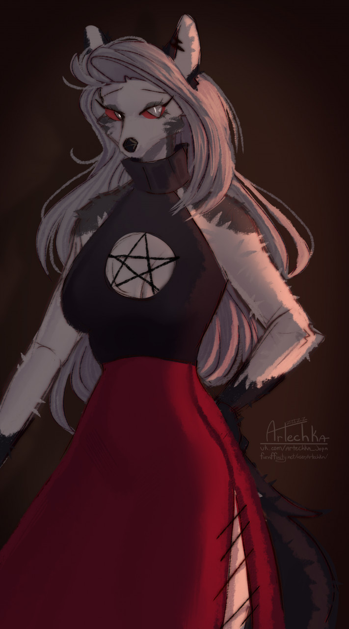 anthro artechka black_body black_clothing black_fur black_topwear bottomwear breasts brown_background canid canid_demon cleavage clothed clothing demon dipstick_limbs eyelashes female fur grey_body grey_fur hair hand_on_hip hellhound helluva_boss hi_res long_hair loona_(helluva_boss) mammal pupils red_bottomwear red_clothing red_sclera red_skirt simple_background skirt slit_pupils solo thick_thighs topwear white_body white_eyes white_fur white_hair wide_hips