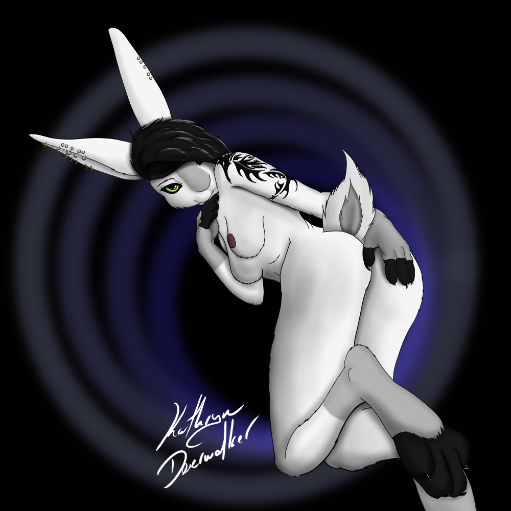 1:1 anthro arm_tattoo breasts deerwalker feet female green_eyes kittensnark lagomorph leporid mammal nipples nude piercing rabbit raised_tail simple_background solo tail tattoo