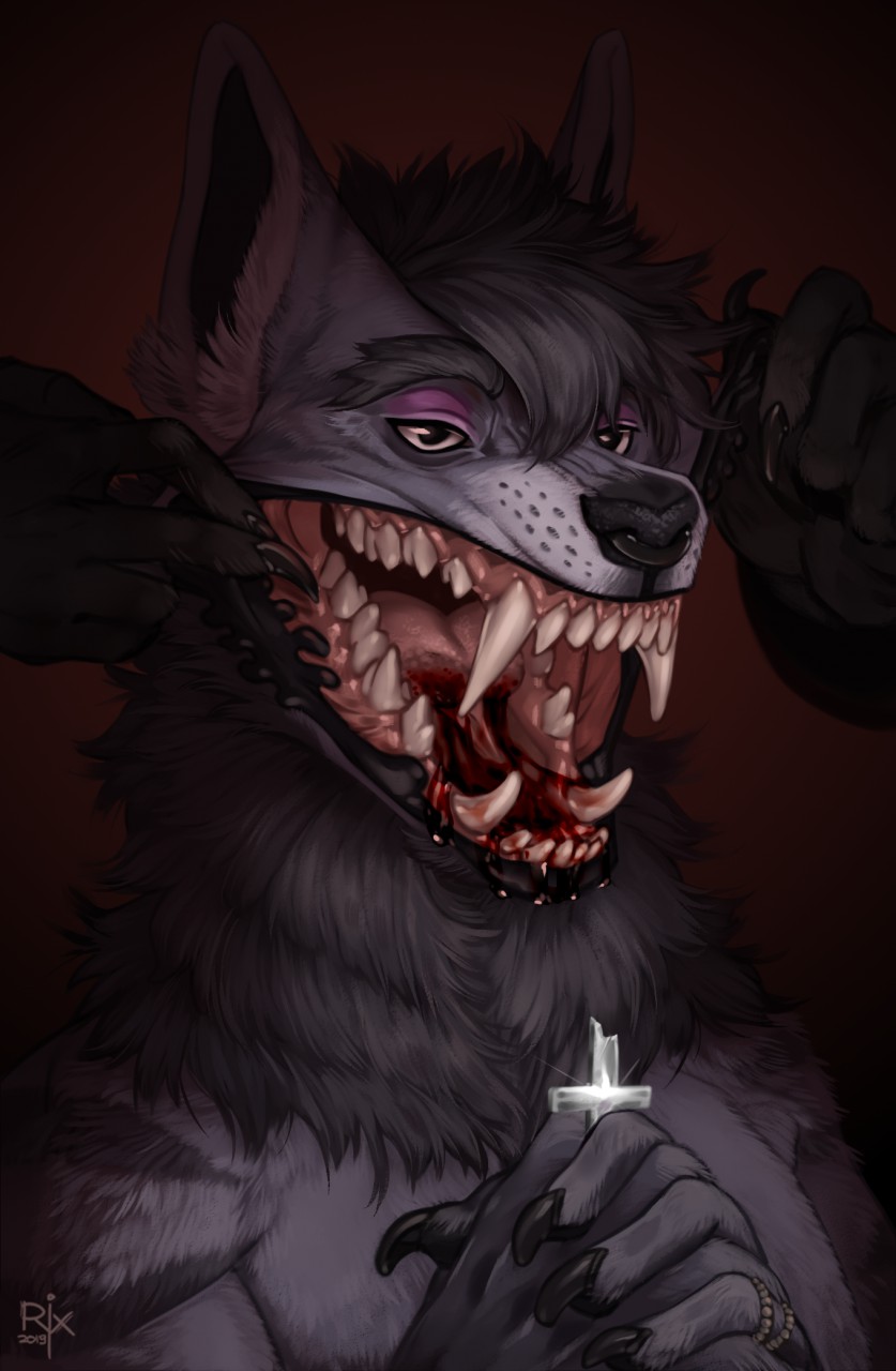 2019 anthro artist_logo big_fangs black_claws black_eyebrows black_hair black_lips black_nose blood blood_from_mouth blood_in_mouth bodily_fluids claws cross dated duo eyebrows eyeshadow facial_piercing fur glistening glistening_eyes gore grey_body grey_fur hair hi_res lips logo makeup male mouth_play mouth_shot narrowed_eyes neck_tuft nose_piercing nose_ring nude open_mouth piercing purple_eyeshadow ring_piercing riorix septum_piercing septum_ring short_hair simple_background solo_focus tuft