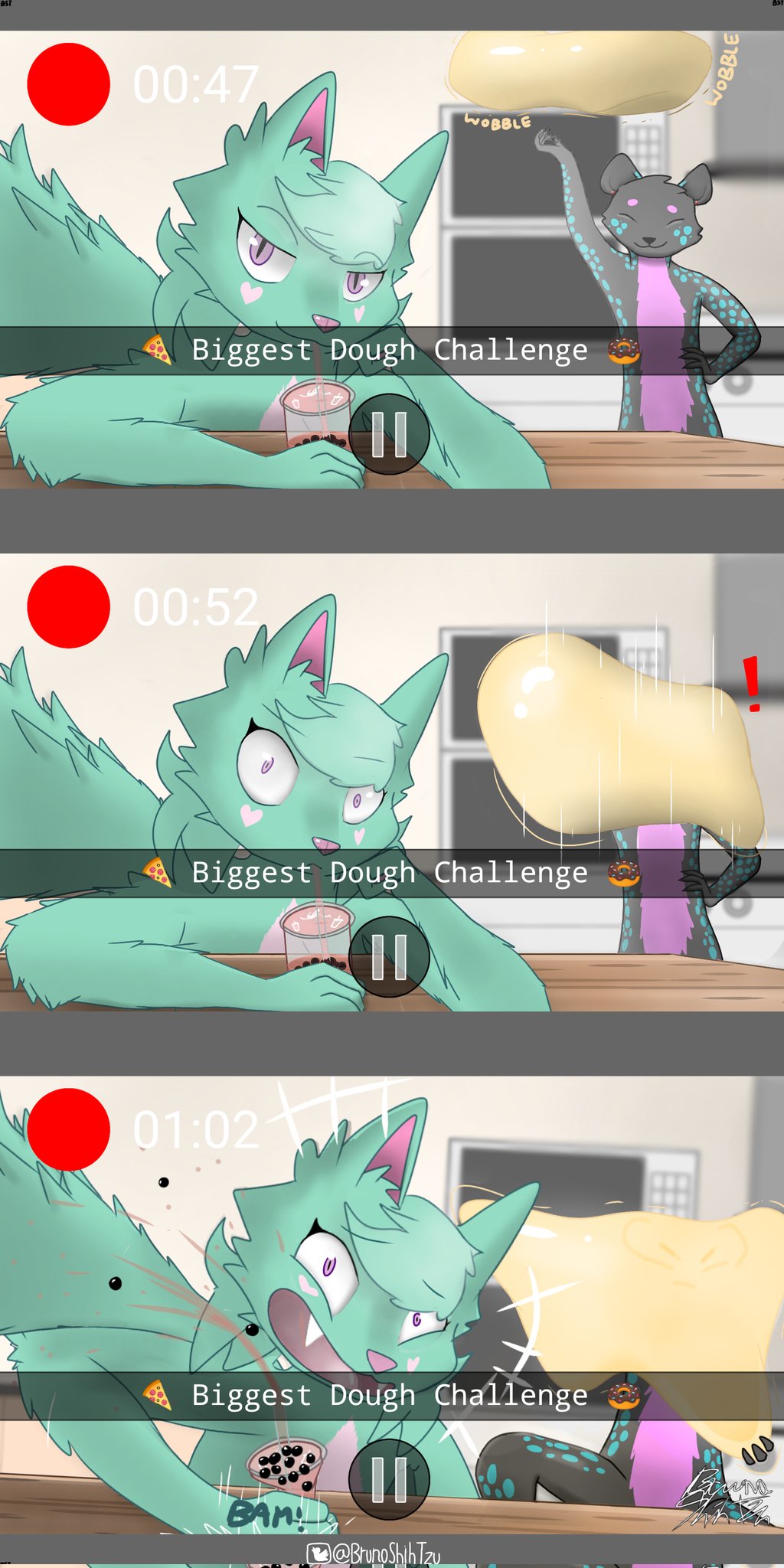 1:2 anthro beverage black_body black_fur blue_body blue_fur brunotheshihtzu bubble_tea canid canine comic_panel dialogue dough drinking duo english_text female fox_hybrid fur hi_res holding_object holding_phone humor hybrid hyena laughing_at mammal phone pink_body pink_fur recording spotted_hyena struggling text watermark