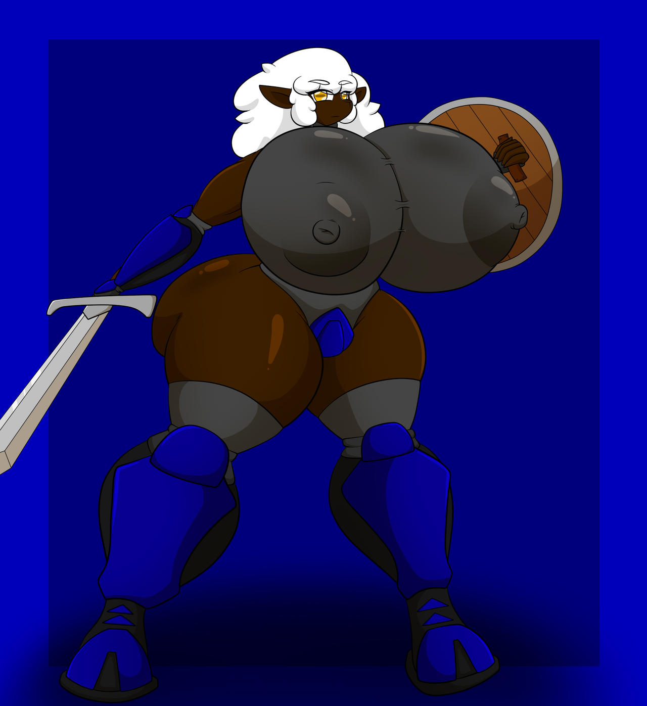 anthro armor big_breasts black_body bottomwear bovid breasts caprine clothing cotton_bell_(ultrazeta120) curvy_figure dark_body female hair hi_res huge_breasts looking_at_viewer mammal medieval melee_weapon sheep shield shorts solo spandex spandex_shorts sword thick_thighs tight_clothing ultrazeta120 weapon white_hair wide_hips