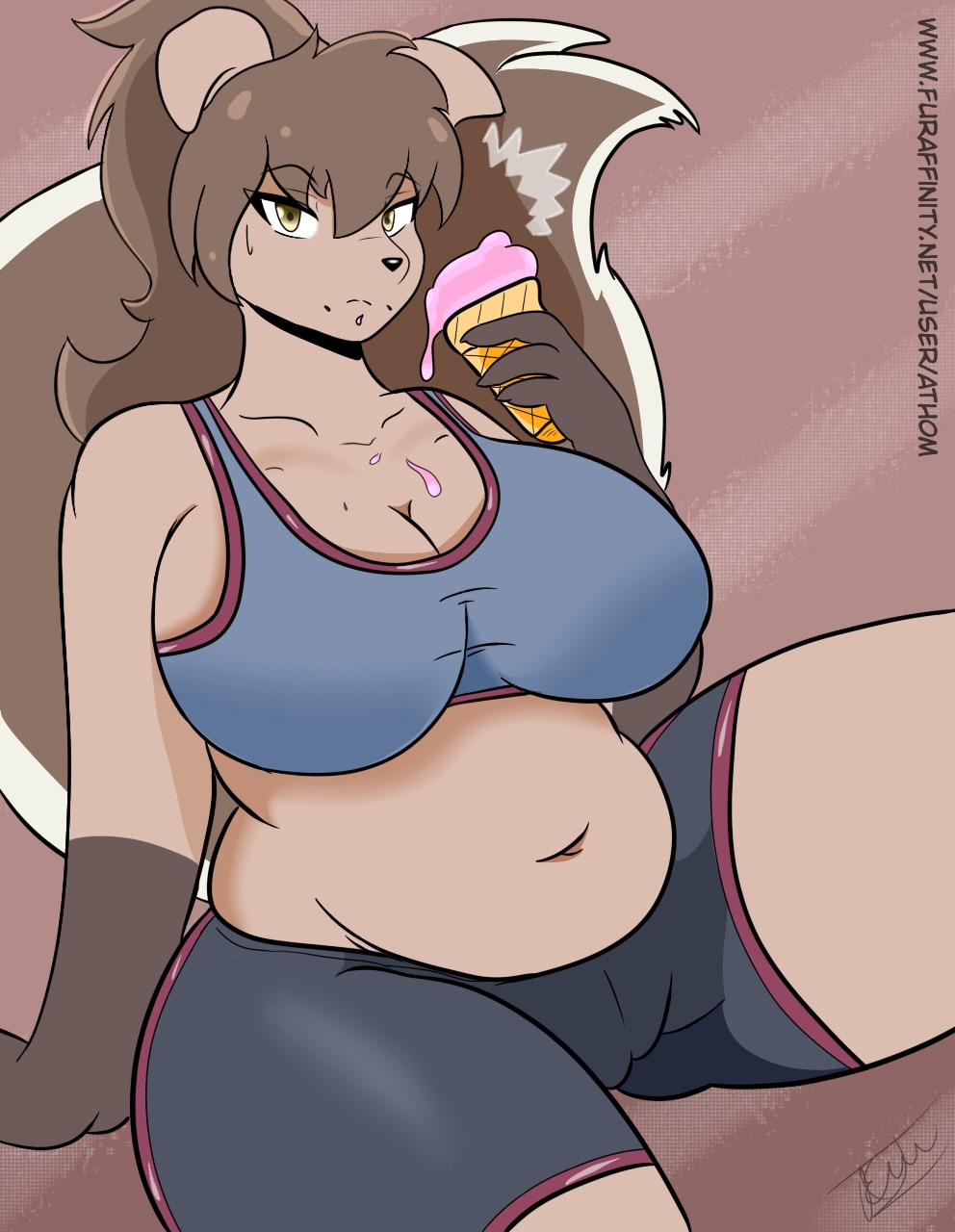 anthro athom big_breasts bottomwear bra breasts camel_toe canid canine canis clothing dessert domestic_dog elly_(athom) female food hi_res ice_cream mammal melting_ice_cream navel overweight overweight_female shorts solo sports_bra underwear