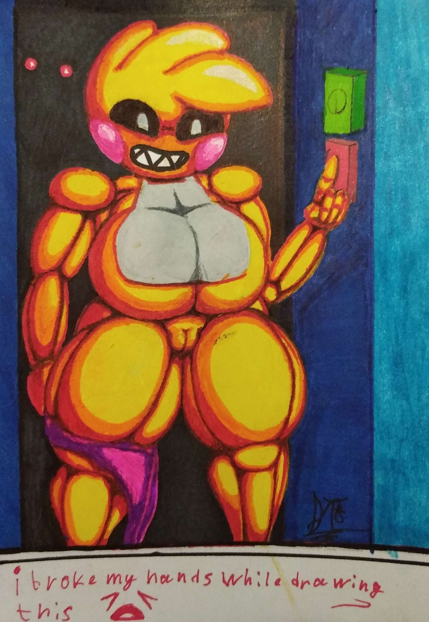 2022 absurd_res animatronic anthro big_breasts breasts clothing diamondtears english_text female five_nights_at_freddy's five_nights_at_freddy's_2 hi_res machine muscular muscular_female panties panties_around_one_leg robot scottgames solo text toy_chica_(fnaf) traditional_media_(artwork) underwear underwear_around_one_leg