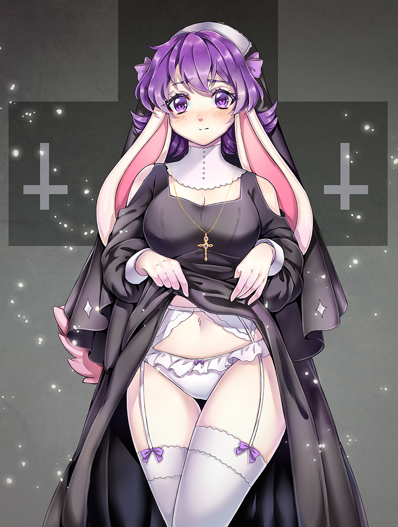 2019 5_fingers anthro bangs big_ears biped blush breasts cleavage clothed clothing clothing_bow clothing_lift cross cross_necklace digital_media_(artwork) female fingers fur garter_belt garter_straps jewelry lagomorph legwear leporid looking_at_viewer mammal navel necklace nun_outfit panties pink_inner_ear purple_eyes rabbit shaded solo standing suzie_(sindiewen) tan_body tan_fur tekahika thigh_highs underwear upside_down_cross white_clothing white_legwear white_panties white_thigh_highs white_underwear