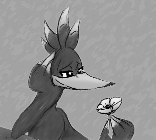 2010 anthro avian banjo-kazooie beak breegull colored_sketch digital_media_(artwork) digital_painting_(artwork) eyelashes feather_hands feathers female feral flower gift grey_background greyscale half-length_portrait hand_on_own_face holding_flower holding_object kazooie lidded_eyes looking_at_flower looking_at_object looking_at_plant monochrome plant portrait rareware simple_background sketch smile solo thelittlebluebird