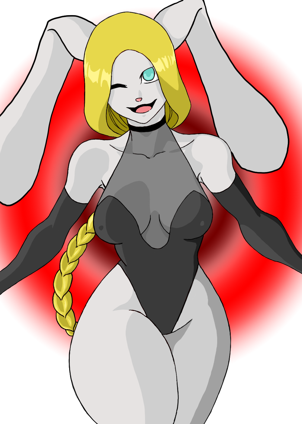 animal_humanoid anthro blonde_hair blue_eyes braided_hair bunny_costume clothing costume duskshine female fur grey_body grey_fur hair hi_res humanoid lagomorph lagomorph_humanoid leporid leporid_humanoid mammal mammal_humanoid rabbit rabbit_ears rabbit_humanoid solo