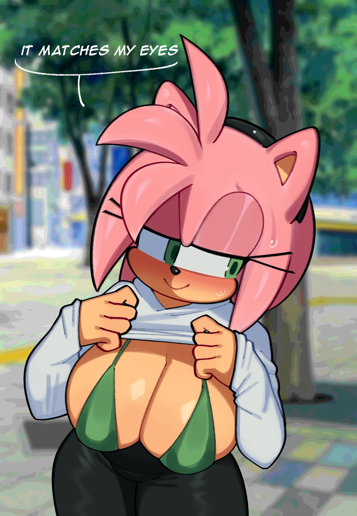 2023 amy_rose anthro big_breasts blush bodily_fluids bra breasts cleavage clothed clothing dialogue eulipotyphlan female fiinel green_eyes hair hedgehog hi_res mammal outside pink_hair sega smile solo sonic_the_hedgehog_(series) sweat underwear