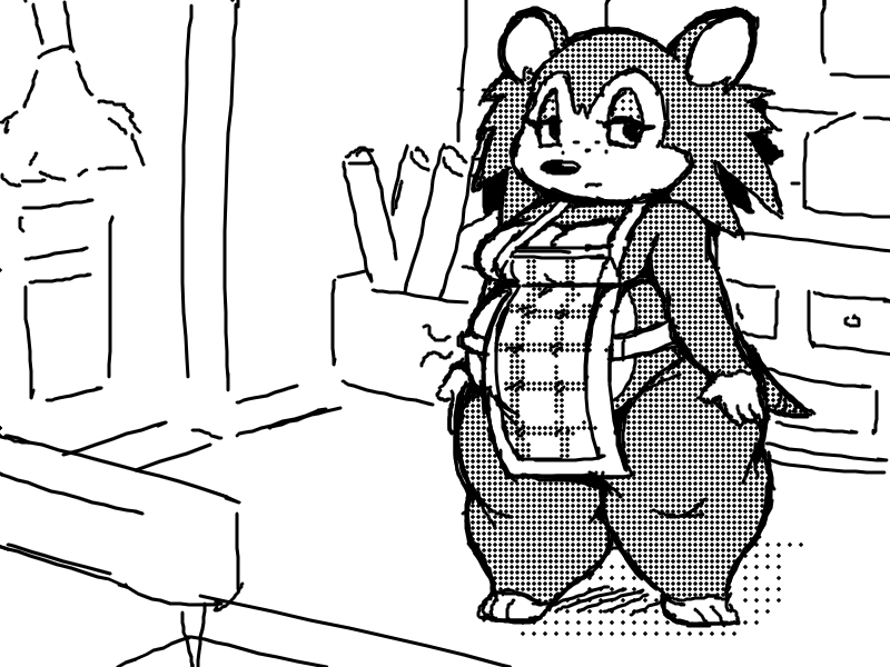 2023 animal_crossing anonymous_artist anthro apron apron_only belly breasts clothing eulipotyphlan female greyscale hedgehog lidded_eyes looking_at_viewer mammal monochrome mostly_nude nintendo obese obese_anthro obese_female overweight overweight_anthro overweight_female sable_able thick_thighs