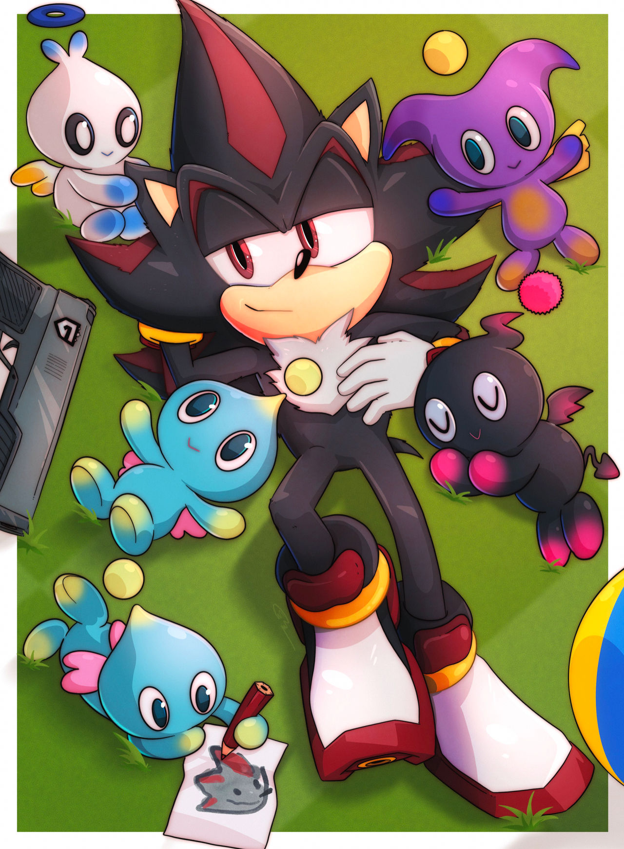 2022 ambiguous_gender anthro ball black_body black_fur black_sclera blue_body blue_eyes border chao_(sonic) chao_garden character_chao chest_tuft clothing dark_chao drawing drawing_in_a_drawing footwear fur gloves group gun handwear hero_chao hi_res looking_at_another lying male nights_chao on_back on_grass purple_body ranged_weapon red_eyes sega shadow_the_hedgehog shoes sleeping smile sonic_the_hedgehog_(series) stevegregson tuft weapon white_border