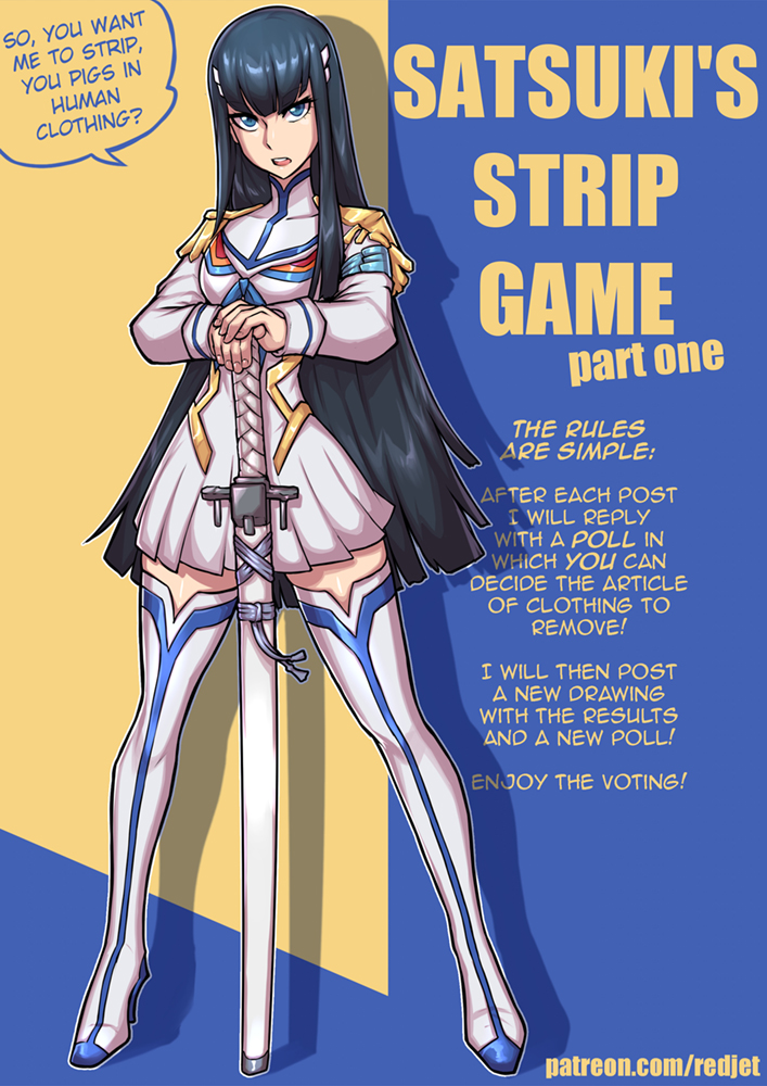 1girl :o bangs black_hair blue_background blue_eyes boots breasts english_text full_body junketsu kamui_(kill_la_kill) katana kill_la_kill kiryuuin_satsuki large_breasts legs_apart long_hair long_sleeves pleated_skirt redjet sheath sheathed shiny shiny_hair shiny_skin skirt solo speech_bubble standing sword teeth thigh_boots thighhighs upper_teeth_only weapon web_address yellow_background