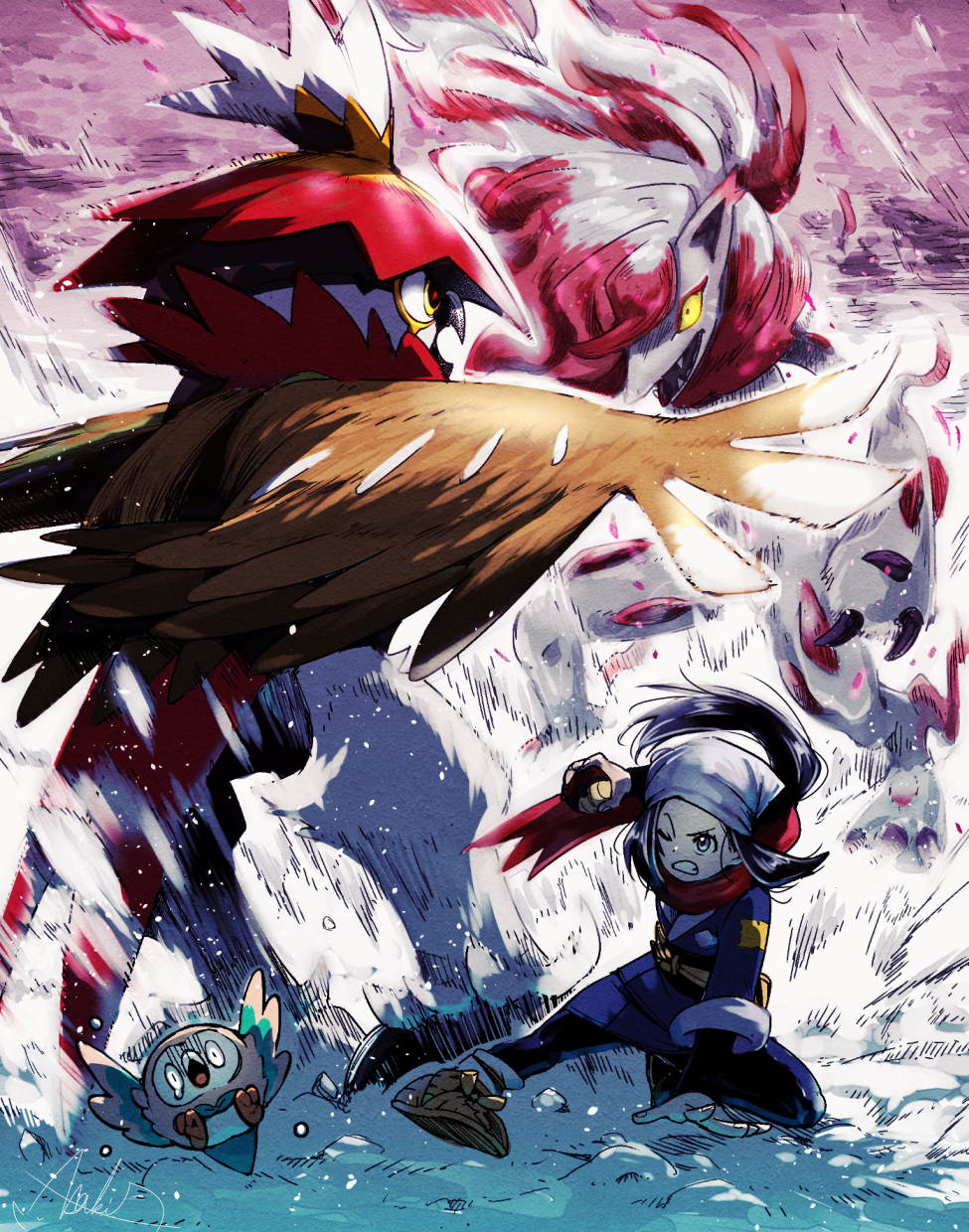 1girl akari_(pokemon) asakihayato black_hair blue_jacket brown_footwear clenched_teeth commentary_request floating_scarf head_scarf highres hisuian_decidueye hisuian_zoroark jacket long_hair one_eye_closed pokemon pokemon_(creature) pokemon_(game) pokemon_legends:_arceus ponytail red_scarf rowlet scarf shoes sidelocks signature teeth