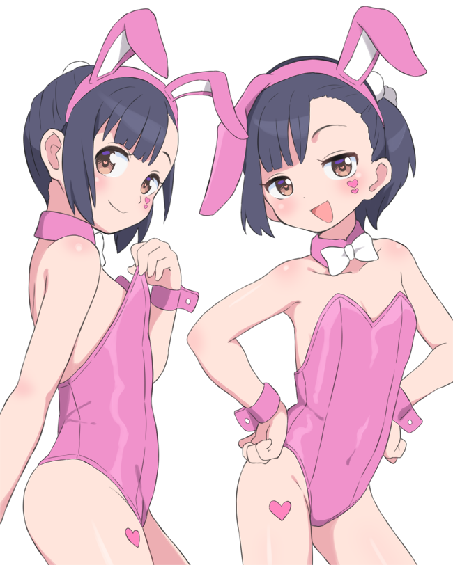 1girl animal_ears bangs bare_legs black_hair blunt_bangs bow bowtie bubukka detached_collar flat_chest heart heart-shaped_pupils original oversized_breast_cup playboy_bunny rabbit_ears short_hair sidelocks simple_background symbol-shaped_pupils tachibana_momoka white_background wrist_cuffs yellow_eyes