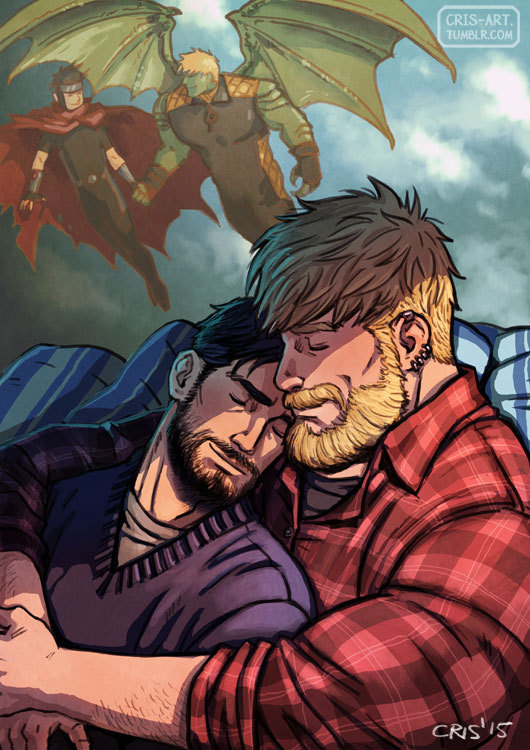 2boys aged_up alternate_costume alternate_facial_hair arm_hair bad_id bad_tumblr_id bara beard black_hair blonde_hair cape collared_shirt contemporary couple cris_art earrings facial_hair flying green_wings holding_hands hug hulkling jewelry male_focus marvel mature_male multiple_boys muscular muscular_male mustache pectorals red_cape red_shirt shirt short_hair sweater thick_eyebrows upper_body wiccan wings yaoi