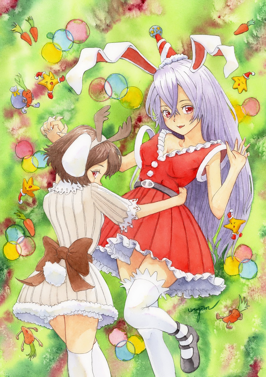 2girls alternate_costume animal_ears back_bow bangs belt black_belt black_footwear bloomers blush bow breasts brown_bow brown_dress carrot christmas christmas_ornaments christmas_tree cleavage commentary_request dress fake_antlers feet_out_of_frame foot_out_of_frame frilled_dress frills hand_on_another's_waist hat highres holding_hands inaba_tewi lace-trimmed_sleeves lace_trim light_purple_hair long_hair mary_janes medium_breasts multiple_girls open_mouth painting_(medium) party_hat rabbit_ears rabbit_girl rabbit_tail red_dress red_eyes red_headwear reisen_udongein_inaba shoes short_hair sleeveless sleeveless_dress smile star_(symbol) tail thighhighs touhou traditional_media underwear uryan! very_long_hair waist_bow watercolor_(medium) white_bloomers white_thighhighs