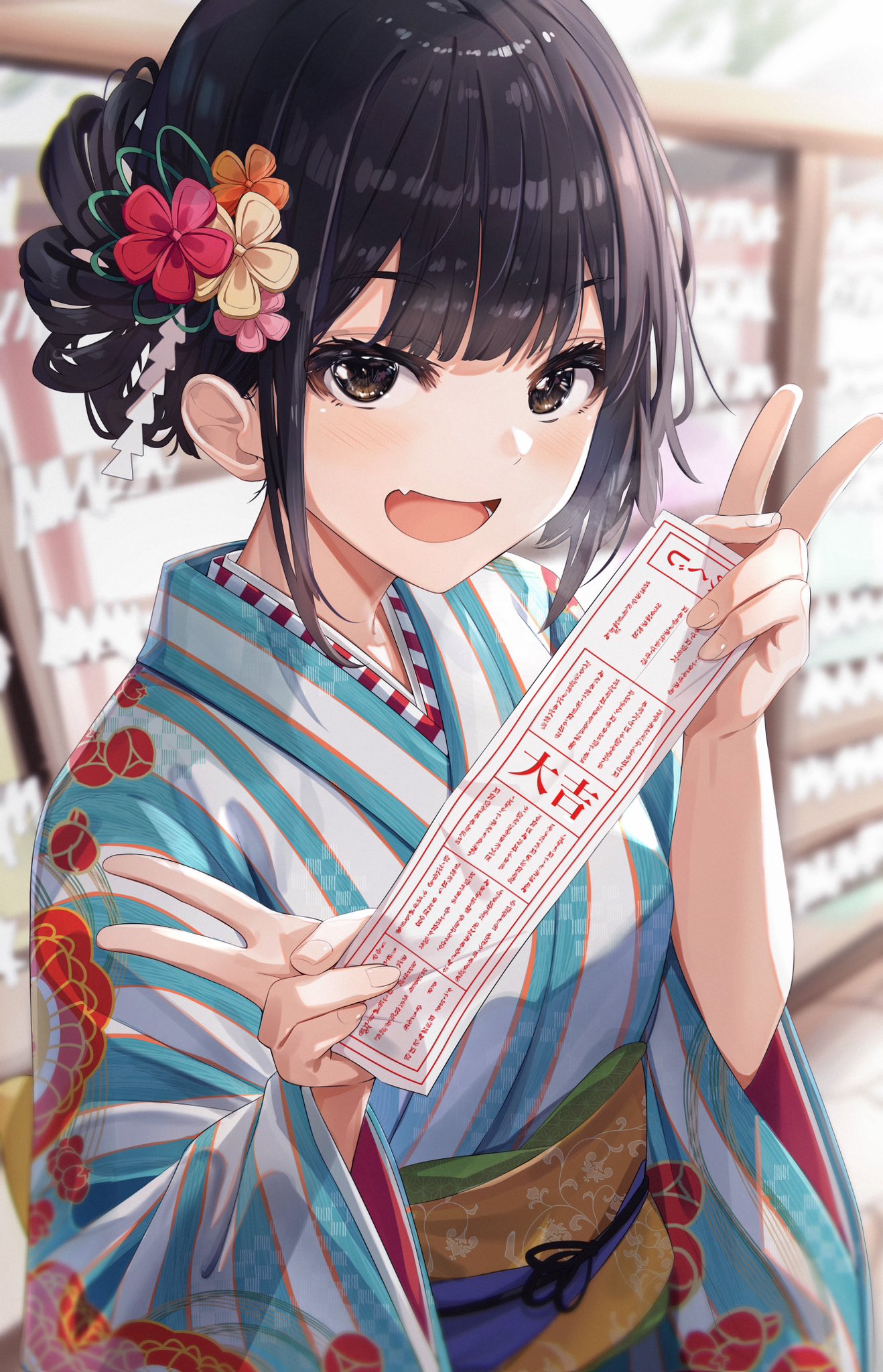 1girl :d black_hair blue_kimono brown_eyes day double_v fang flower hair_flower hair_ornament highres holding japanese_clothes kimono kurokuro_illust long_sleeves looking_at_viewer obi omikuji open_mouth original outdoors sash short_hair skin_fang smile solo upper_body v wide_sleeves