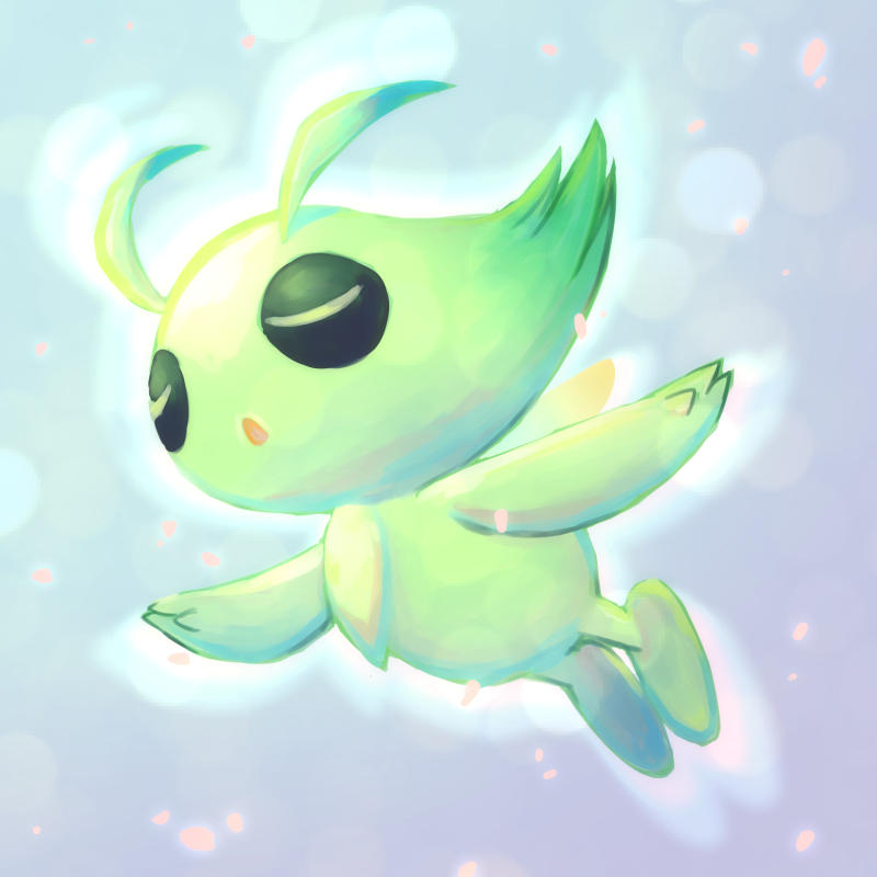 :o celebi closed_eyes commentary_request falling_petals from_below full_body no_humans outstretched_arms petals pokemon pokemon_(creature) s_(happycolor_329) solo